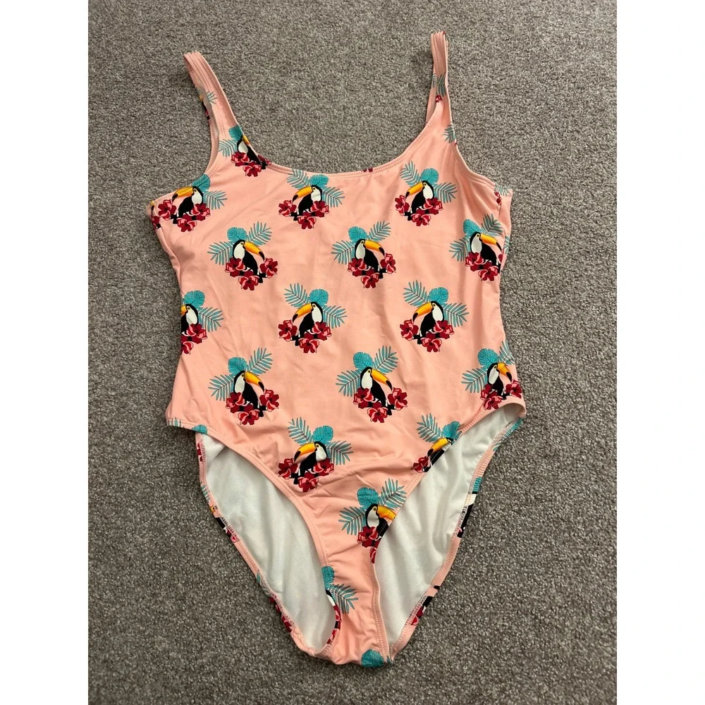 Hot Coals One Piece Sexy Swimsuit Womens Large Peach Toucan Floral Print HC77TUP